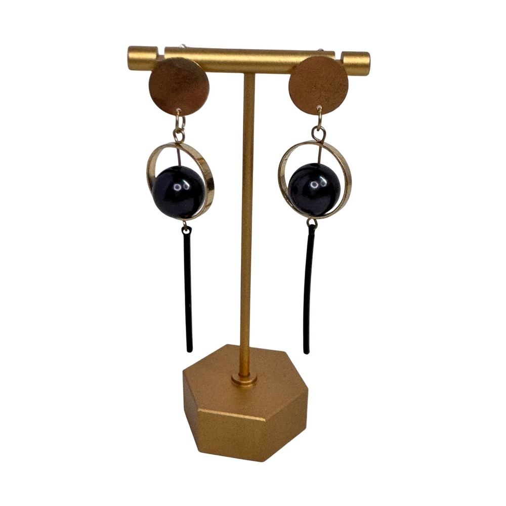 Geometric Dangle Drop Earrings Black Bead‎ Gold Tone Circle Y2K Retro Glam